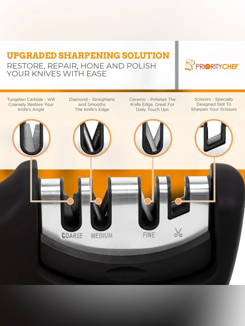 PriorityChef | Kitchen Knife and Scissors Sharpener with Glove | Black